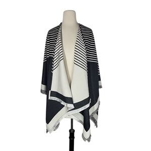 Banana Republic Striped Poncho OS Black White Wrap Fringe Shimmer Metallic Artsy